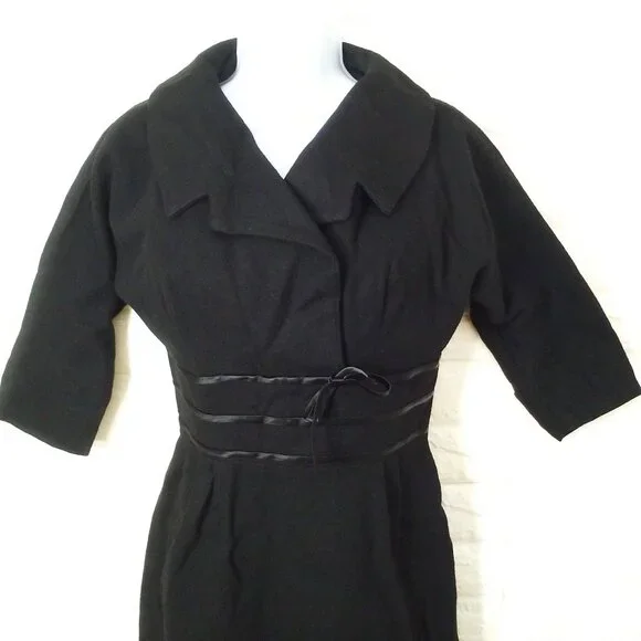 Vintage 50s USA Union-Made Dresses | Vintage 50s Little Black Wiggle Dress Lady-M(8) Wool Cowl-Collar Zip-Back Fitted | Color: Black | Size: 8 |
